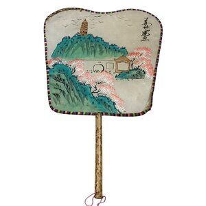 Handpainted Vintage Asian Folding Fan W/ Scenic Landscape Design & Bamboo Handle